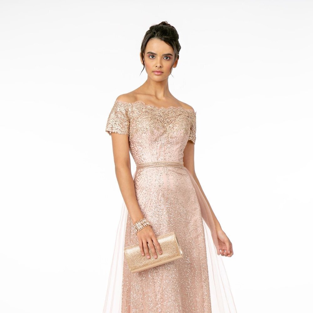 NEW LONG OFF THE SHOULDER EMBROIDERED GLITTER MESH DRESS WITH ZIPPER BACK GL2942